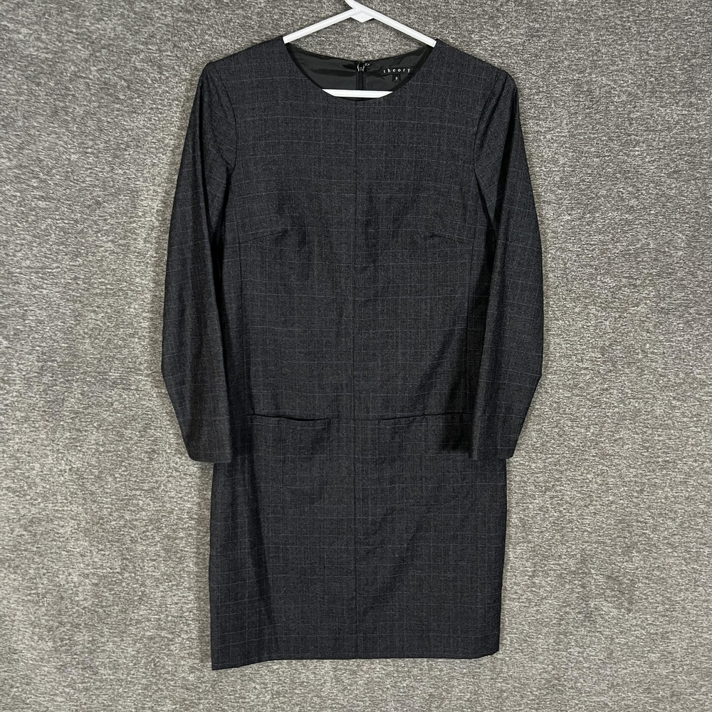 Theory Dress Womens 0 Gray Plaid Wool Long Sleeve Sheath Knee Length Work Office